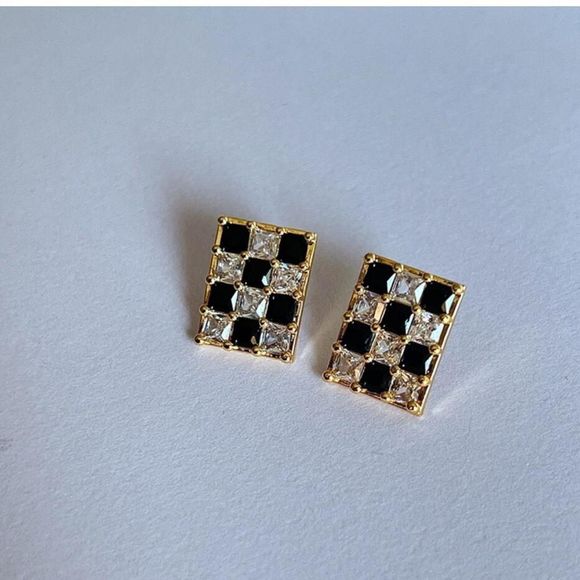 C Jewelry - 18K Gold Plated Black White Checkerboard Diamond CZ Pave Earrings
